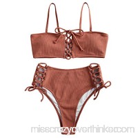 ZAFUL Womens Ribbed Lace Up Bikini Set Spaghetti Straps Padded High Waisted Two Pieces Swimsuit Tiger Orange B07MDJZCCL